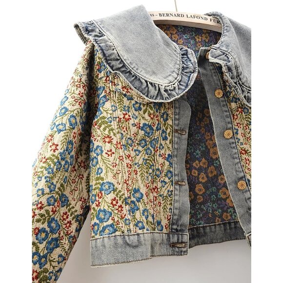 Women’s Sweet Peter Pan Collar S-2XL Long Sleeve Jacquard Denim Jacket Blue - Picture 3 of 6